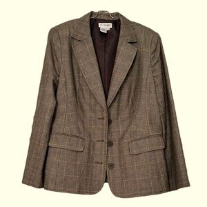 J G Hook Blazer Long Sleeve Lined Brown Plaid Wool Blend Size 14